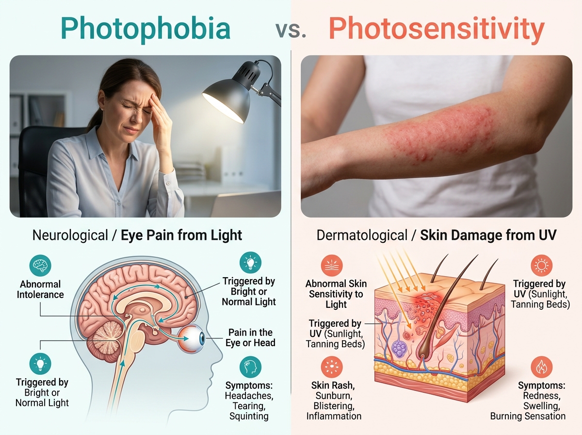 Side-by-side comparison infographic: photophobia (eye/brain pain from light, neurological, migraine patient squinting) vs photosensitivity (skin rash from UV, immune/drug-induced, arm with erythema)