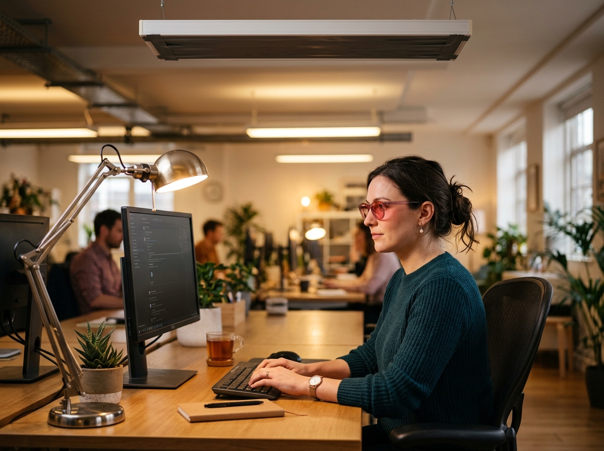 Office workstation adapted for photophobia: monitor with anti-glare filter, desk lamp with warm bulb, screen privacy filter, and bias lighting behind the monitor