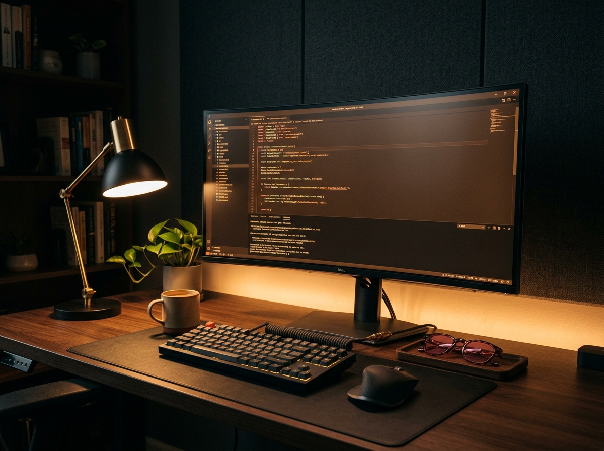 Person with photophobia at an ergonomically optimized workstation: monitor at eye level, screen dimmed with warm color temperature, bias lighting behind screen, FL-41 glasses on