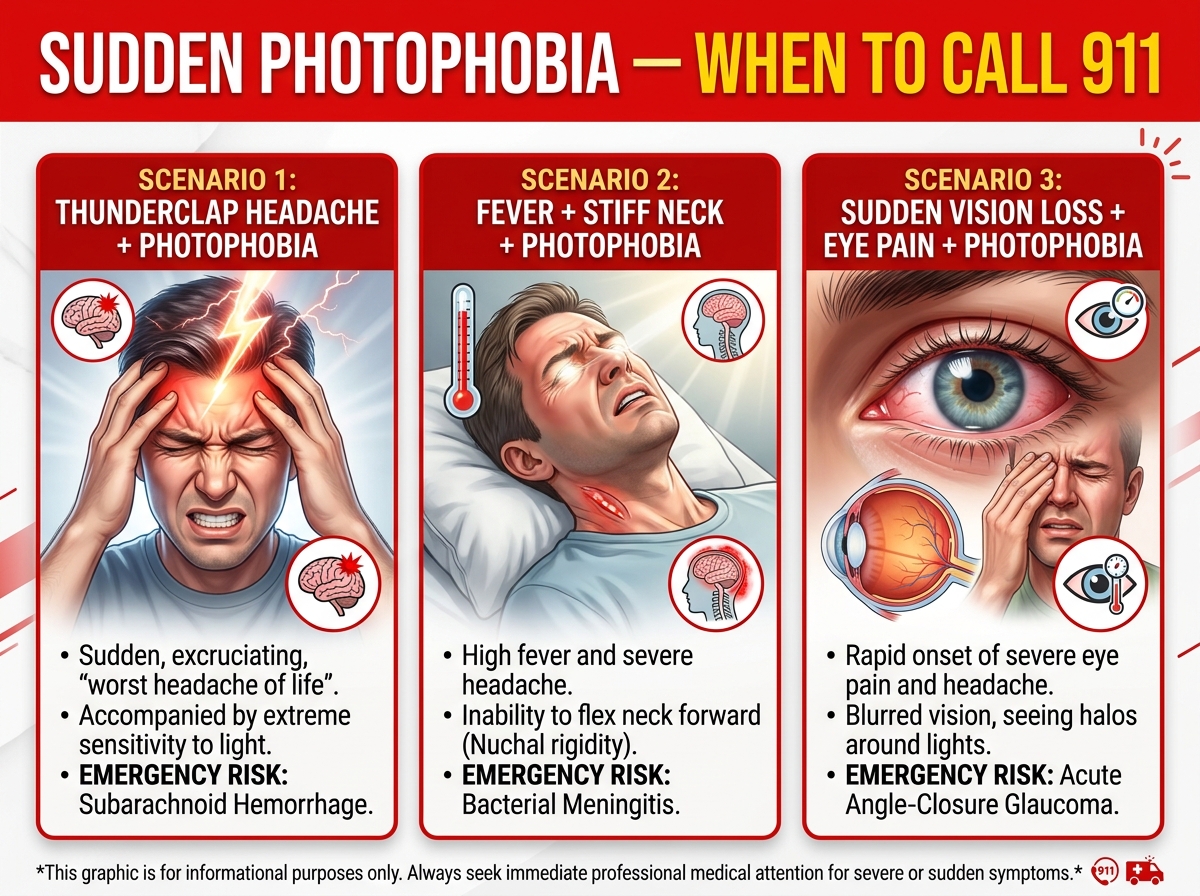 Emergency room triage sign with red alert: sudden photophobia plus headache plus neck stiffness equals medical emergency, with meningitis and SAH listed