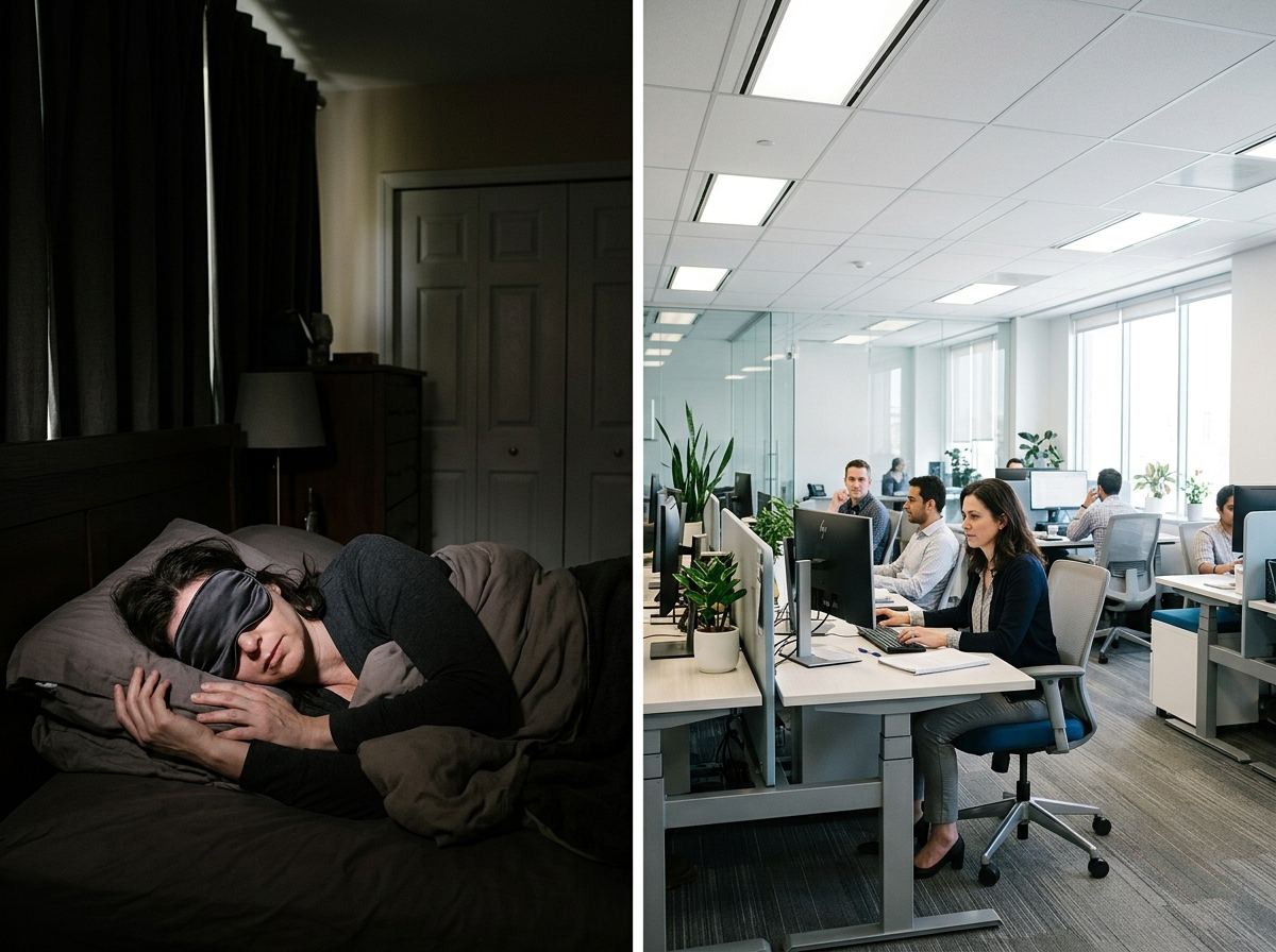 Migraine patient in dark bedroom, curtains drawn, lying with eye mask, contrasted with a well-lit normal office where coworkers work comfortably