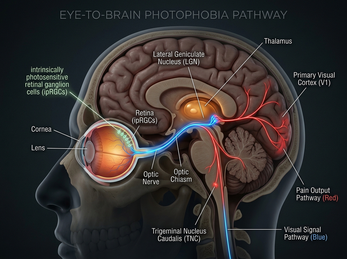 Anatomical illustration of the eye-to-brain photophobia pathway: ipRGC cells in retina sending signals via optic nerve to thalamus and trigeminal nucleus, pain signal shown in red