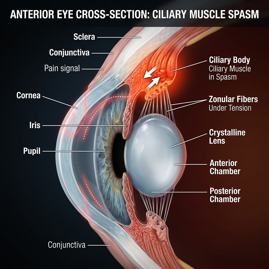 Anatomical eye cross-section showing ciliary body muscle fibers in inflamed spastic tension