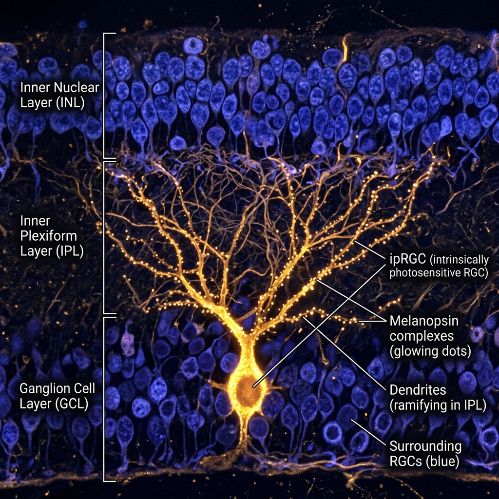 Melanopsin-containing ipRGC cells in the retinal ganglion layer highlighted in cyan against surrounding rod and cone cells