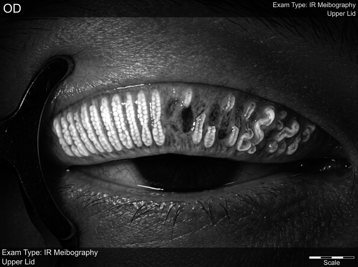 Transillumination of lower eyelid showing meibomian glands as elongated vertical structures, some blocked