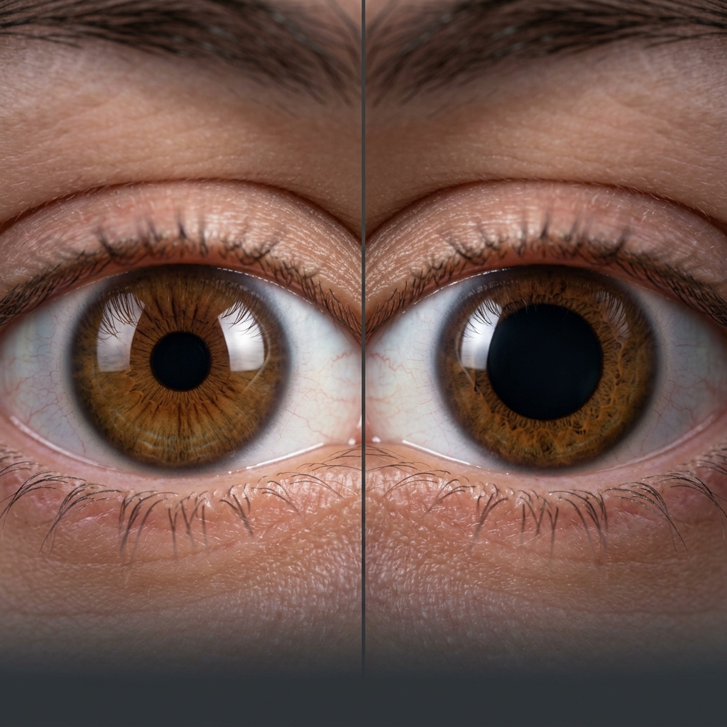 Extreme close-up comparison of constricted pupil in calm state vs dilated pupil in anxiety/sympathetic activation