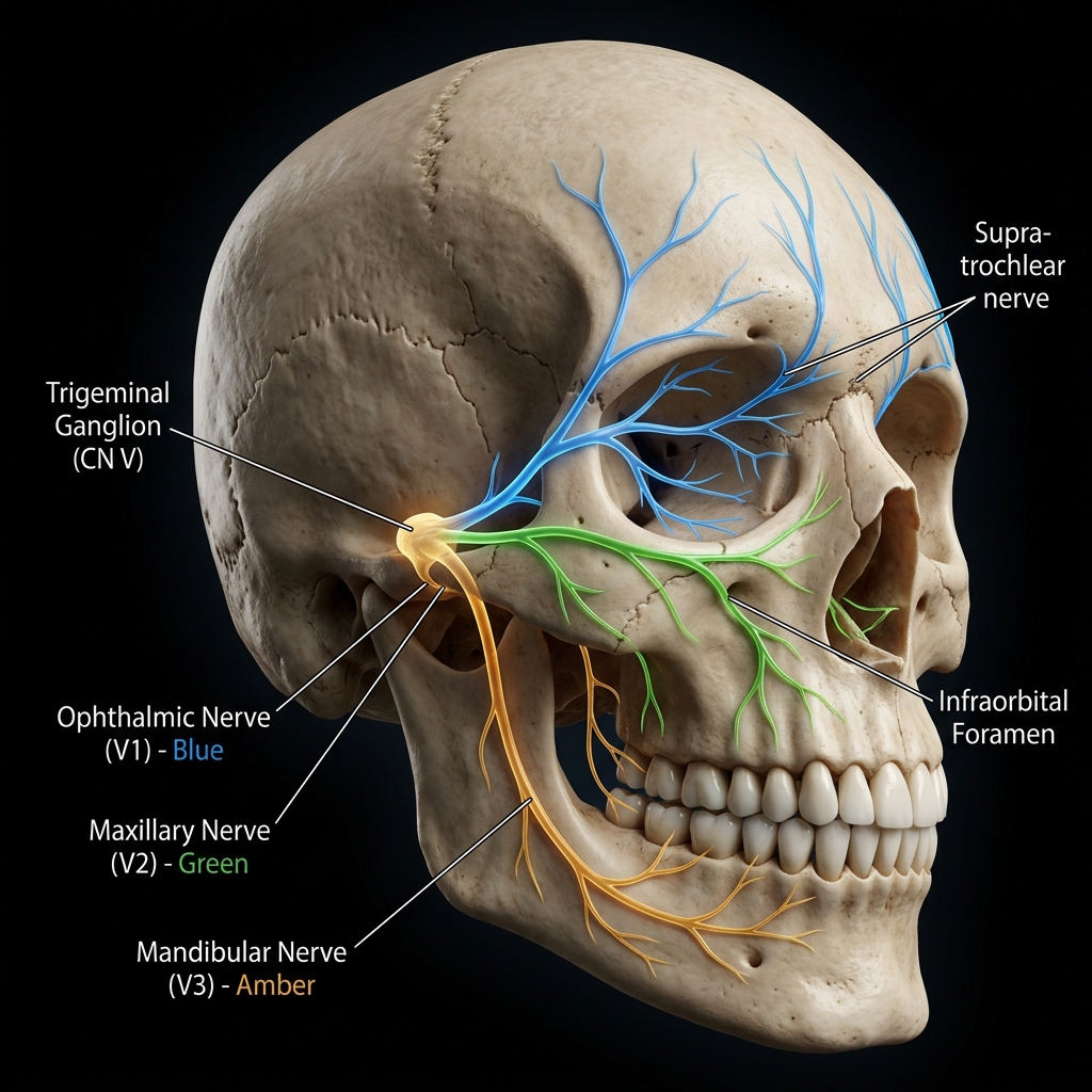 Trigeminal nerve anatomy showing ophthalmic, maxillary and mandibular divisions