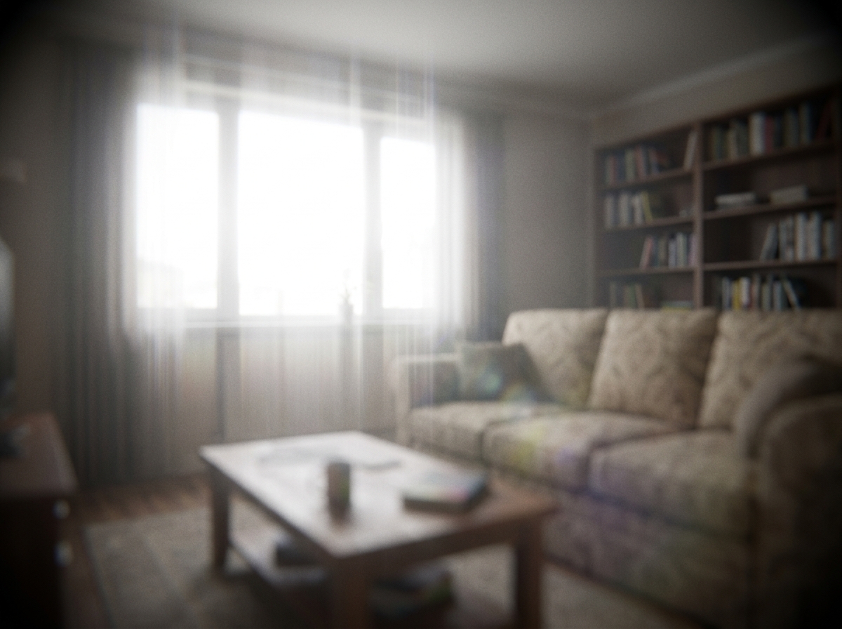 Simulated vision showing combined blur and photophobia: hazy, distorted room view with overexposed bright window causing squinting