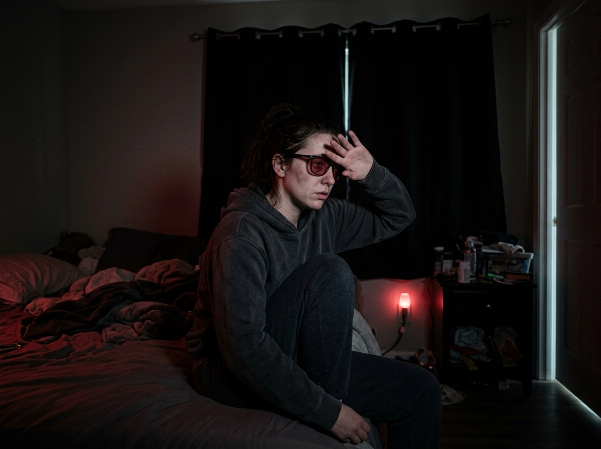 Person in a completely darkened room with blackout curtains, sunglasses on indoors, hands raised to shield eyes from the thin strip of light under the door