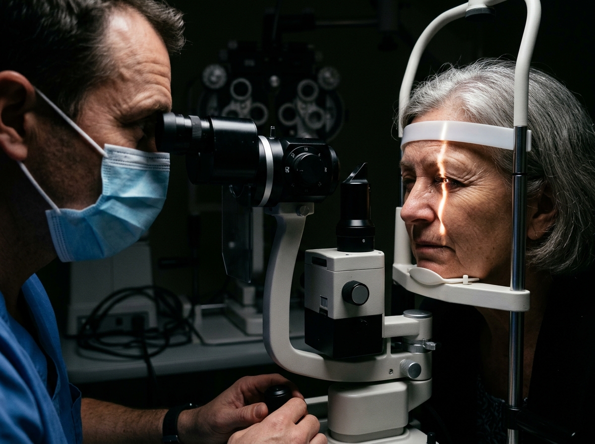 Ophthalmologist performing slit-lamp biomicroscopy on patient with photophobia, examining anterior segment with focused beam in darkened examination room