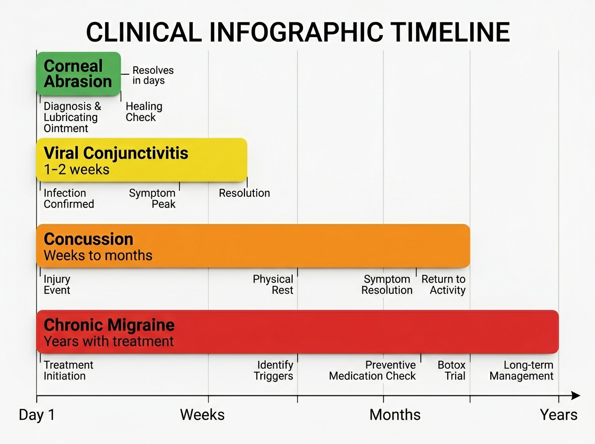 Timeline infographic showing photophobia resolution: corneal abrasion (days), viral conjunctivitis (1-2 weeks), concussion (weeks-months), chronic migraine (years with treatment)
