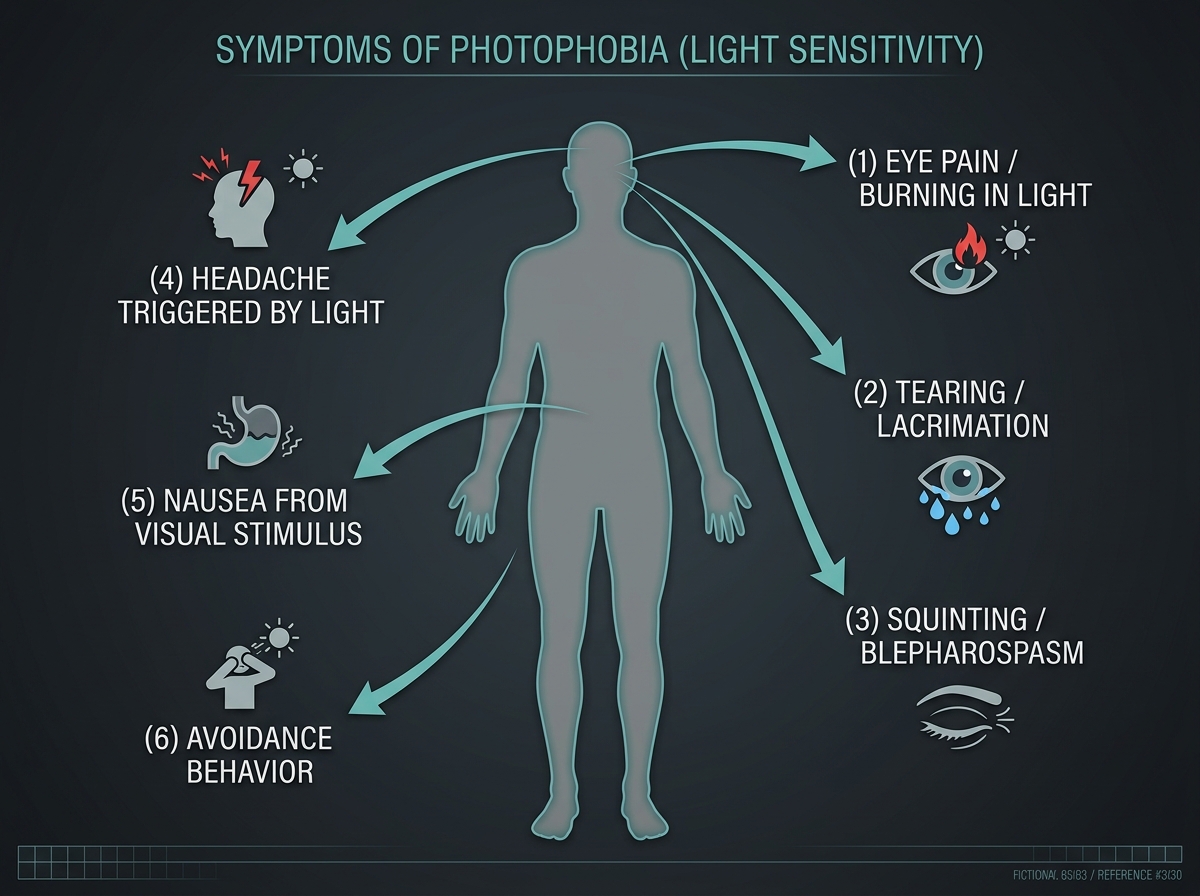 Medical symptoms diagram: central eye with photophobia surrounded by connected symptoms: headache, nausea, brow ache, tearing, blepharospasm