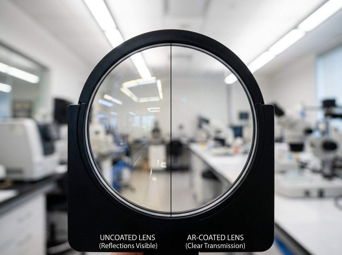 Split lens demonstration: left half uncoated lens showing multiple bright ghost reflections from office light, right half AR-coated lens showing clear transmission with no reflections