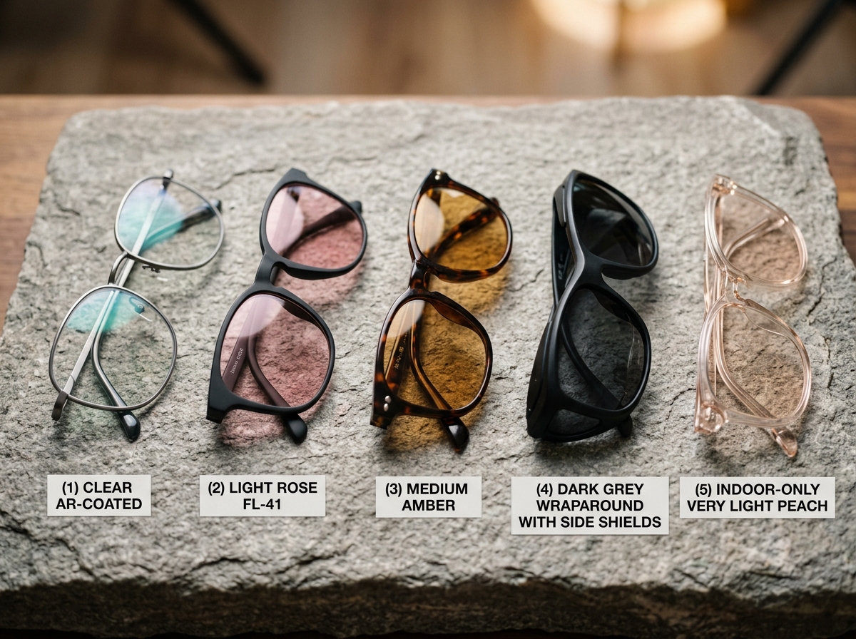 Five pairs of photophobia glasses lined up: clear AR-coated, light rose FL-41, medium amber, dark grey wrap-around, and indoor-only light-tint