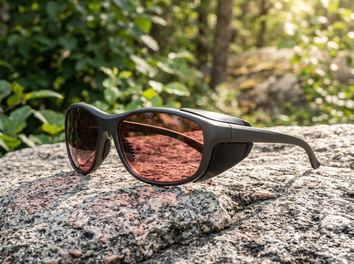 Wraparound FL-41 tinted sunglasses with side shields on a stone surface outdoors in bright sunlight