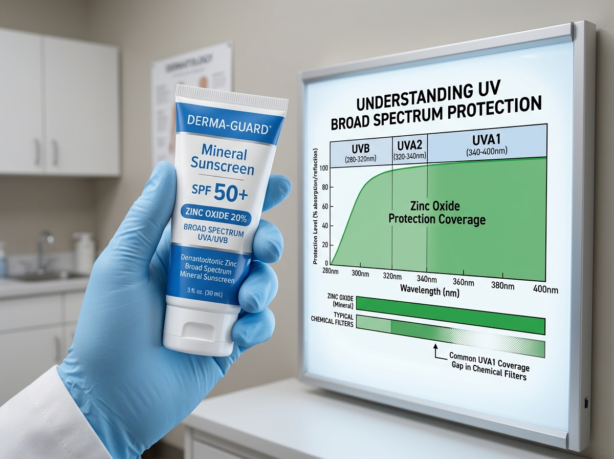 Dermatologist hand holding zinc oxide SPF 50+ mineral sunscreen next to UV spectrum chart showing UVA1, UVA2, and UVB ranges