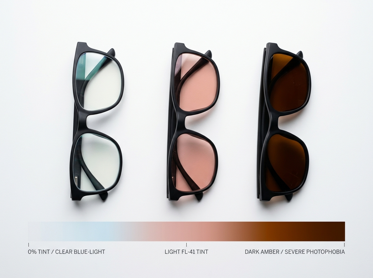 Side by side: clear lens blue light glasses, lightly amber-tinted FL-41 glasses, and dark amber glasses on a white surface with visible lens tint gradient