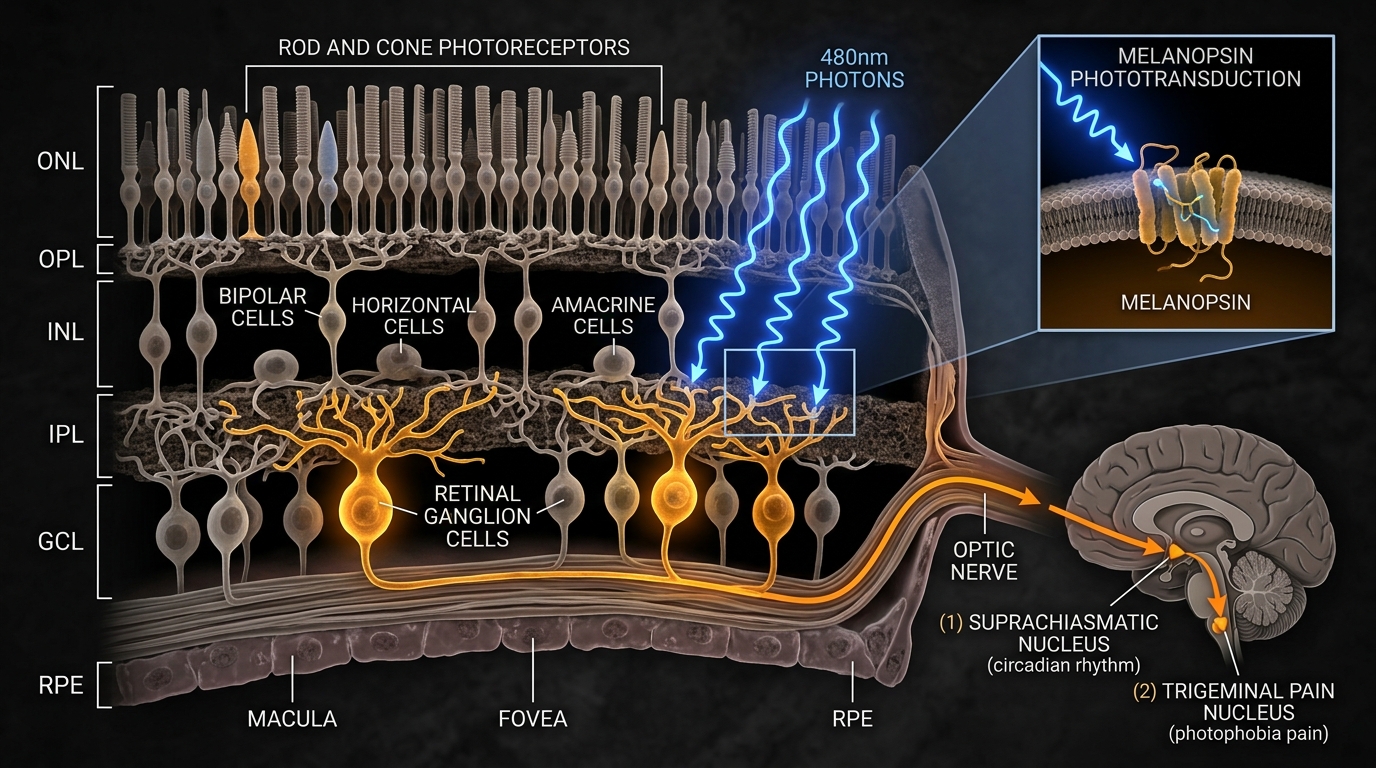 Diagram showing blue-green 480nm light activating melanopsin-containing ipRGC cells in the retina, sending signals to the trigeminal pain nucleus and thalamus