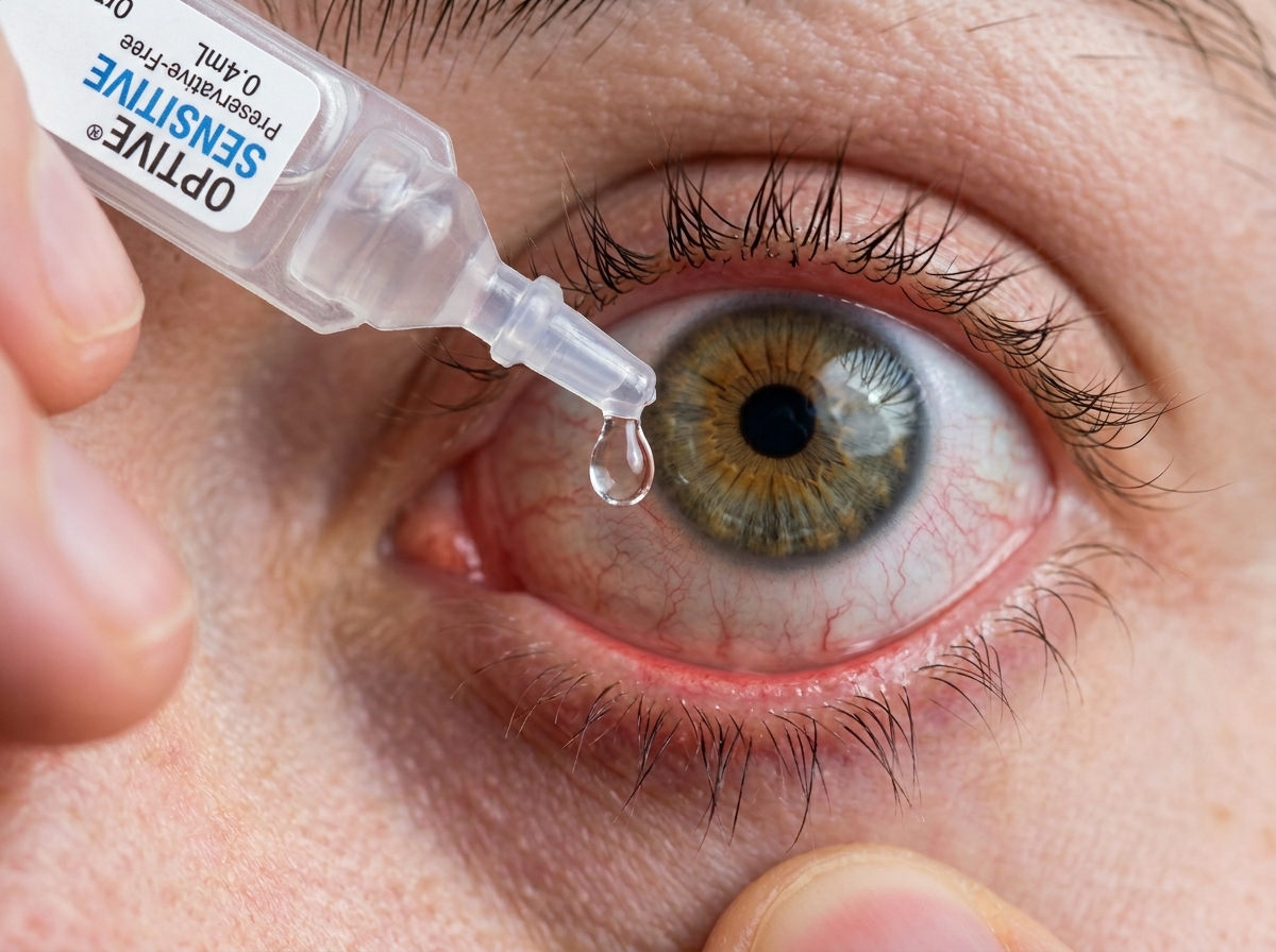 Close-up of preservative-free eye drop being instilled into dry red eye, single-dose vial visible in foreground