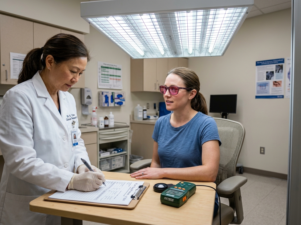 Person wearing FL-41 tinted glasses being evaluated under controlled fluorescent light exposure in a clinical research setting