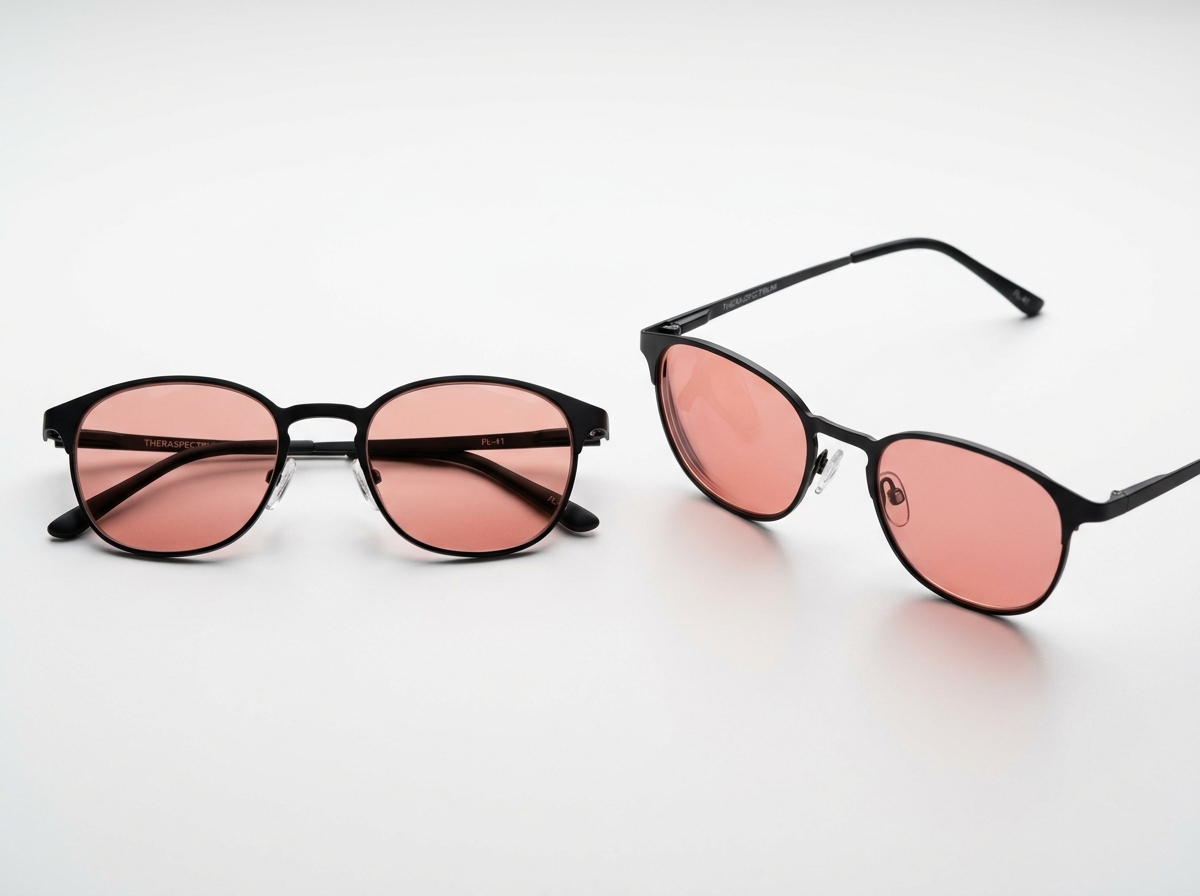 Close-up product photograph of FL-41 rose-amber tinted glasses showing the characteristic warm rose-amber lens color