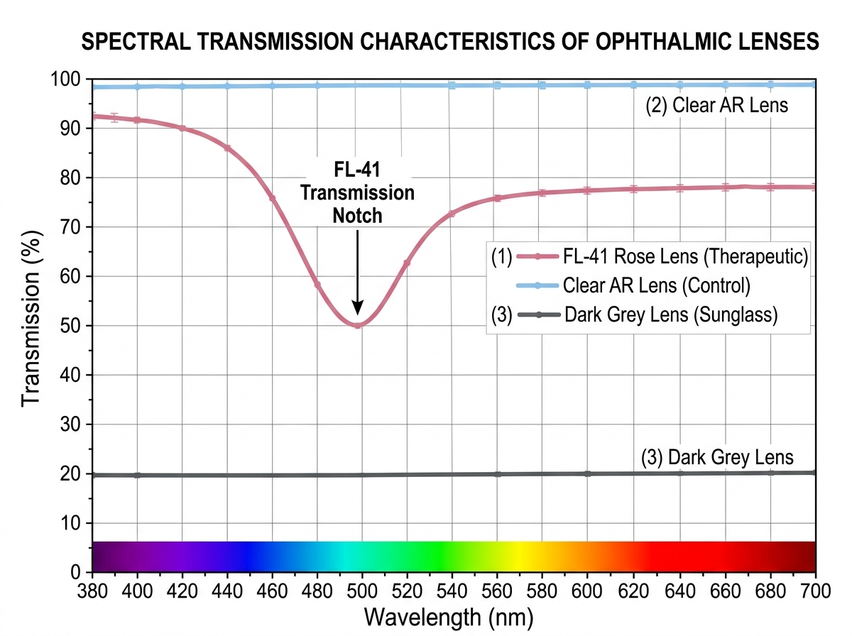 Spectral transmission graph comparing FL-41 rose lens (dip at 480-520nm) vs clear AR lens vs dark grey lens, plotted across 400-700nm visible spectrum