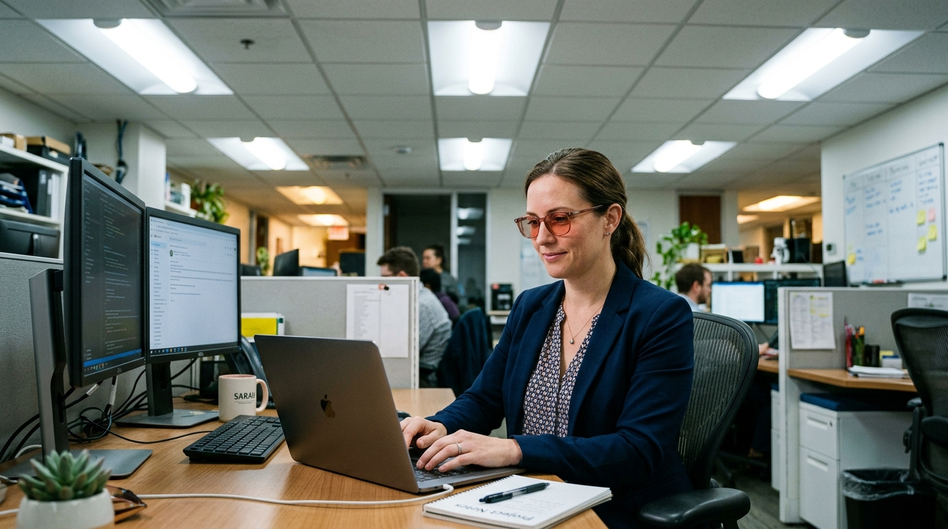 FL-41 rose-tinted glasses worn by person in fluorescent-lit office, contrast shown between the harsh overhead tube lighting and the comfortable filtered view through tinted lenses