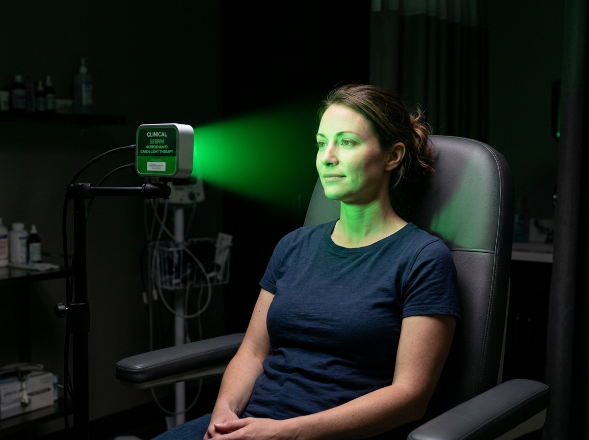 Person sitting in a dim room with eyes open, illuminated by a narrow-band green LED light source at approximately 520nm wavelength, relaxed expression