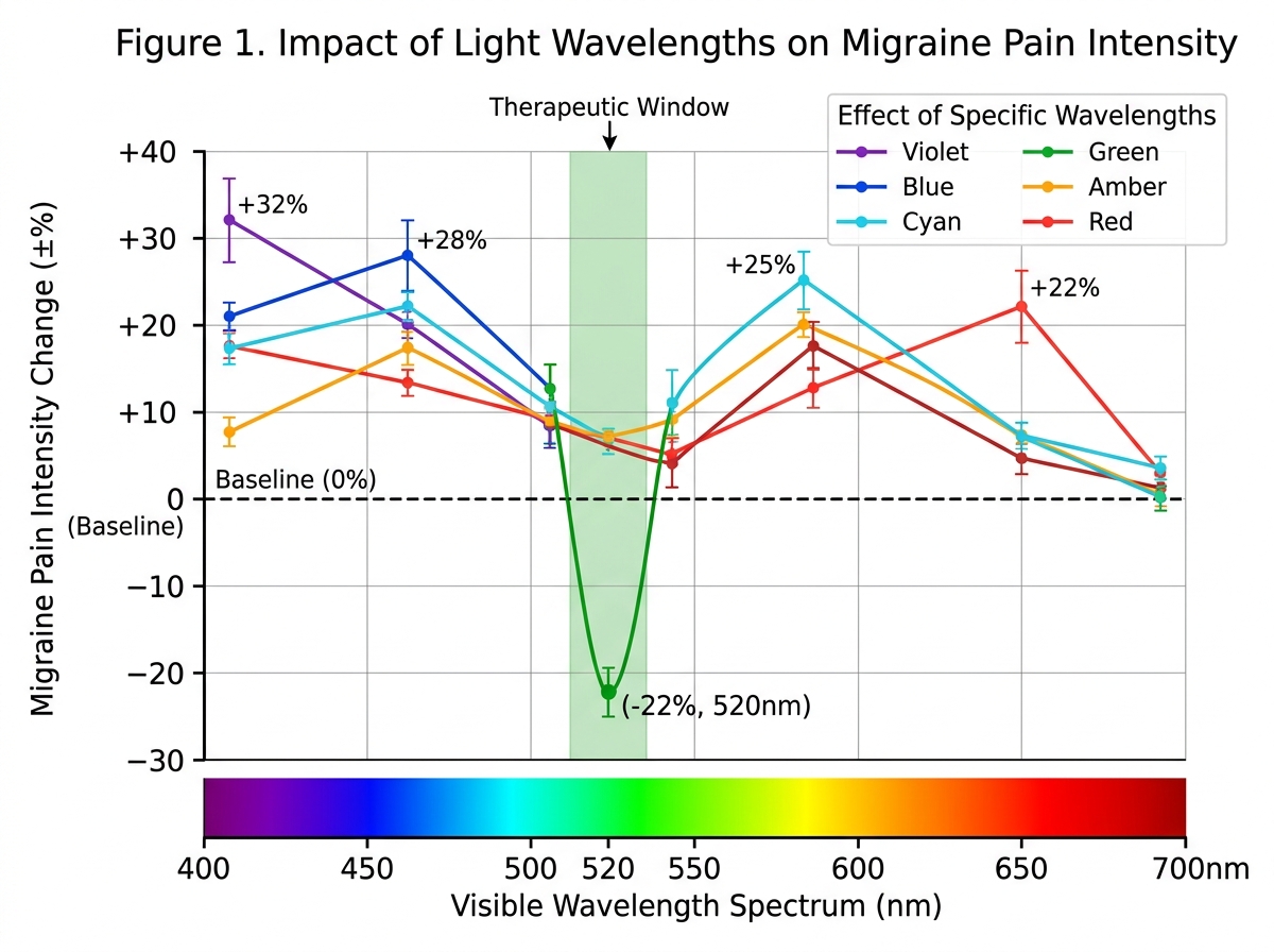 Pain intensity vs wavelength chart showing all visible wavelengths worsen migraine except the narrow green band at 520nm which dips below baseline pain level
