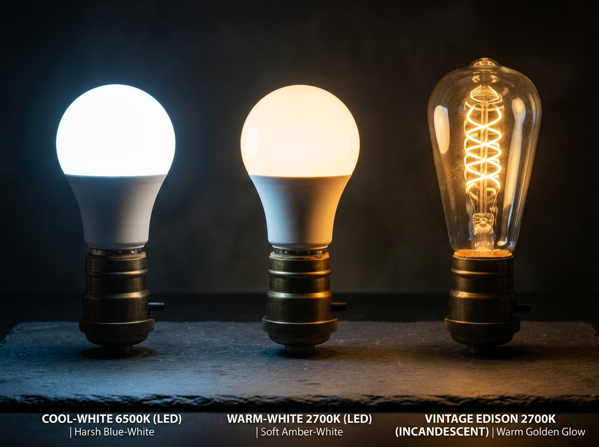 Three bulbs side by side: cool-white 6500K LED (harsh blue-white glow), warm-white 2700K LED (soft amber), and incandescent (warm golden), with relative photophobia risk labeled