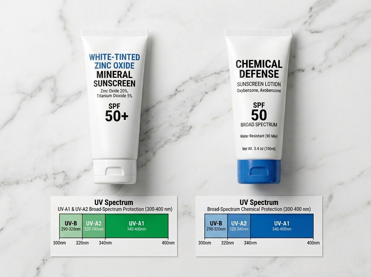 Two sunscreen tubes side by side: zinc oxide mineral sunscreen (white tint) and chemical oxybenzone sunscreen, with UV-A and UV-B protection range comparison chart