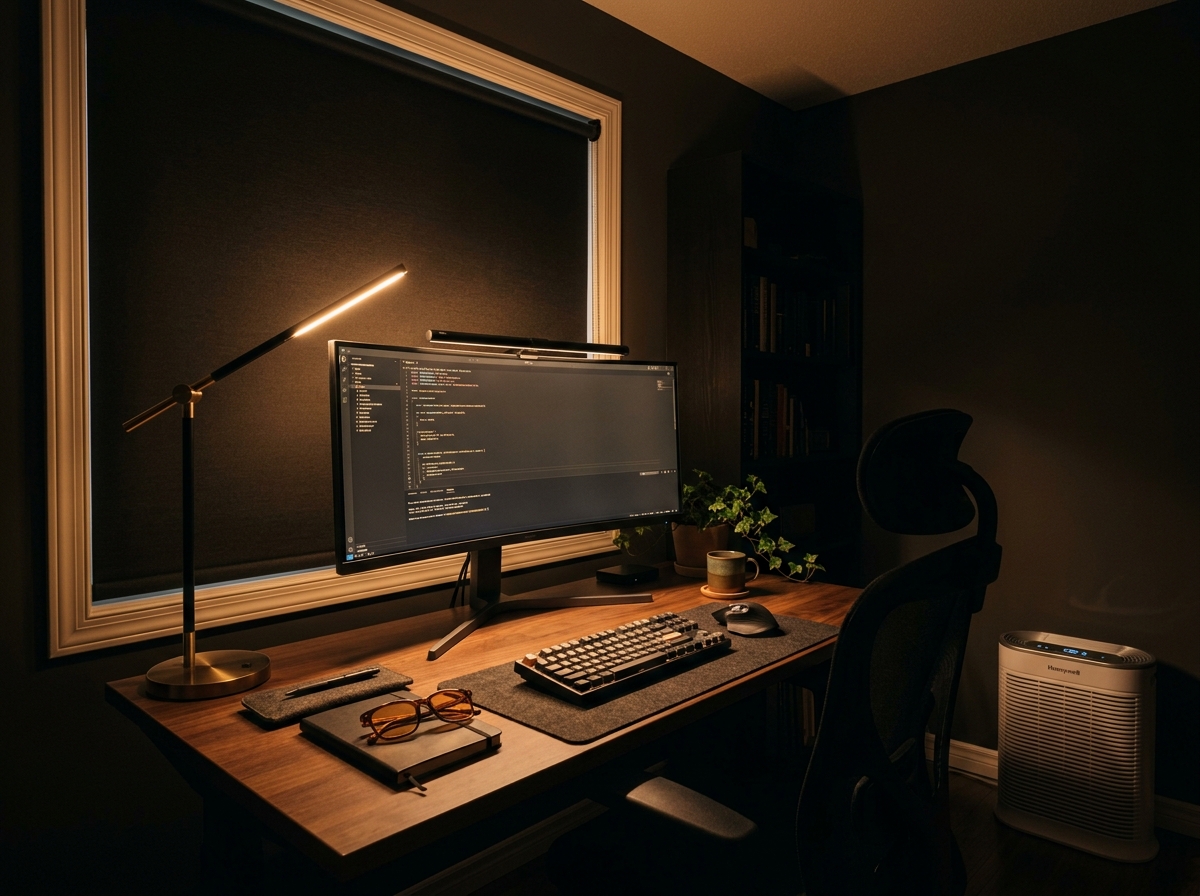 Model photophobia-friendly workspace with warm 2700K LED lighting, anti-glare screen protector on monitor, and blackout curtains
