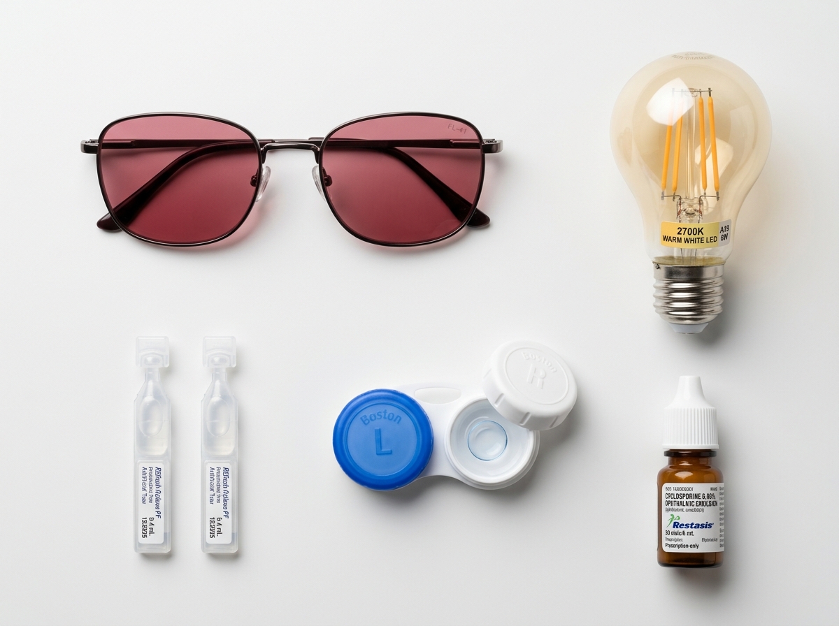 Optometrist examination room showing photophobia management tools on desk: FL-41 glasses, artificial tear bottles, scleral lens case