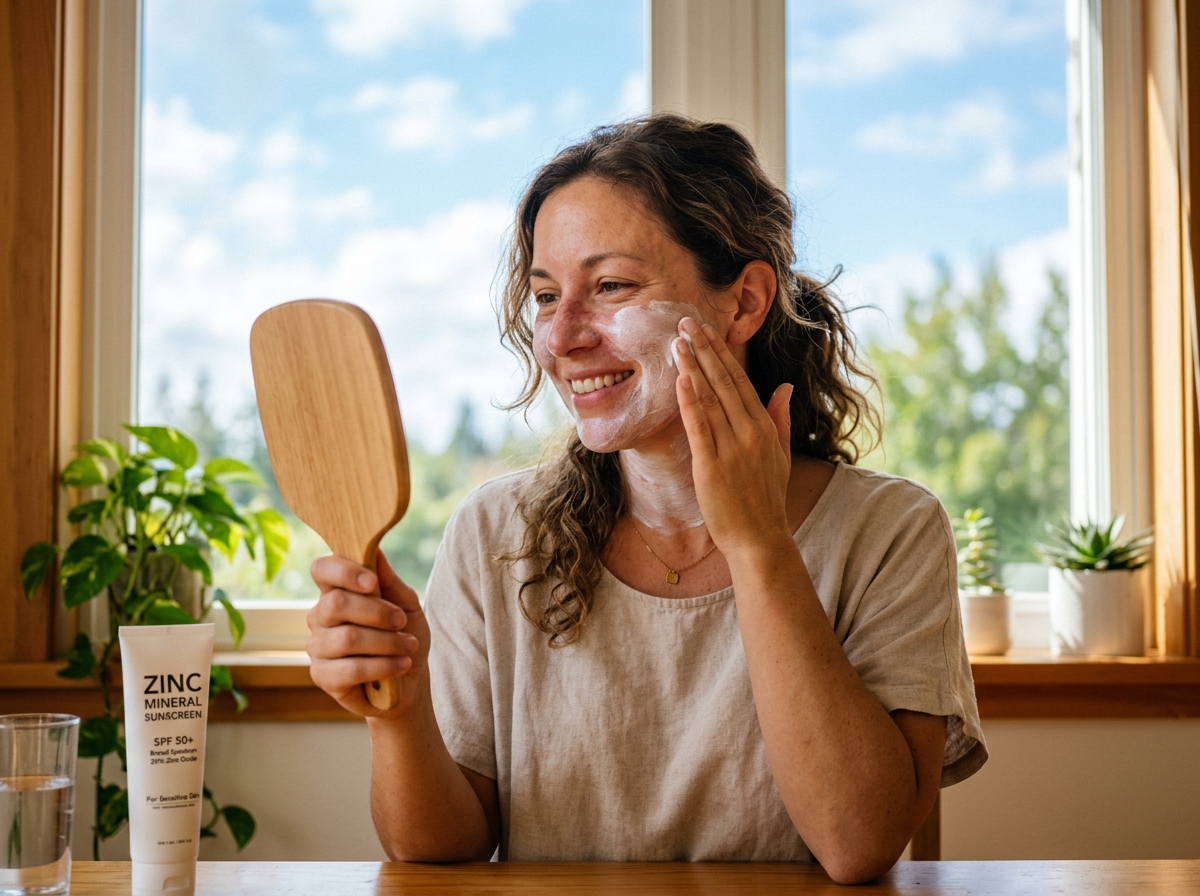 Person with lupus photosensitivity applying zinc oxide mineral sunscreen SPF 50+ to face and neck before going outdoors, blue sky visible through window